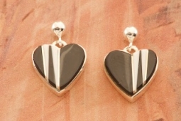 Calvin Begay Genuine Acoma Jet Sterling Silver Heart Earrings